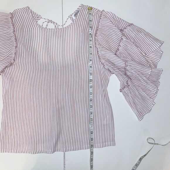 Vestique Pink White Pinstripe Top Ruffle Flutter Sleeve Blouse Open Tie Back S - Picture 7 of 11
